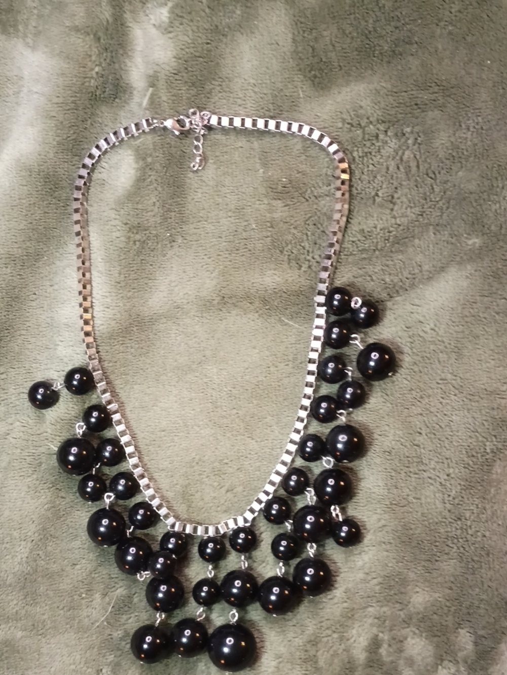 Classic Black Bead Bib Necklace with Silver Chain